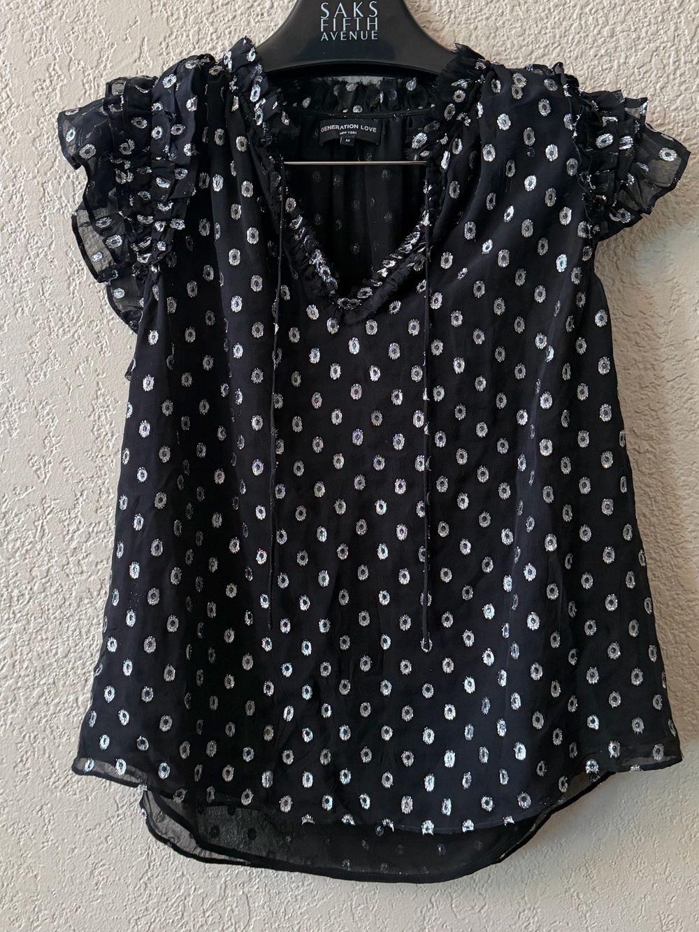Generation Love Silk Blouse Sz M Black Gold Metallic Clip Dot Cap Ruffle Sleeves